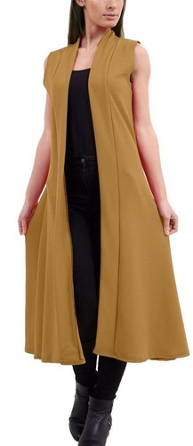 Women's Crepe Sleeveless Waist Front Open Duster Coat Ladies Plain Maxi Cardigan - Picture 4 of 16