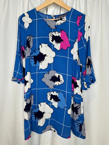 Mister Zimi Blue Check Floral Print Delhi Peggy Dress Size 6 Flare Frill Sleeve - Picture 2 of 13