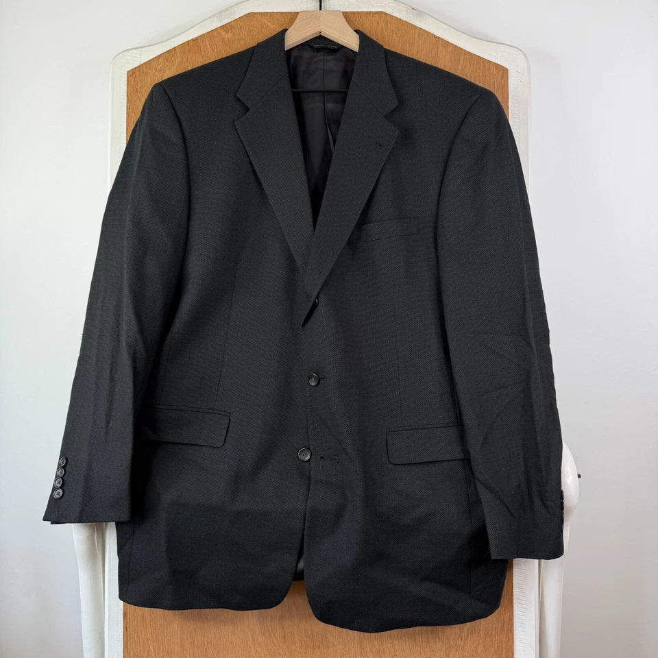 Austin Reed Suit Mens 44L Black Hopsack 3 Button 100% Wool Pants 36x30 Pleated - Image 2 of 4