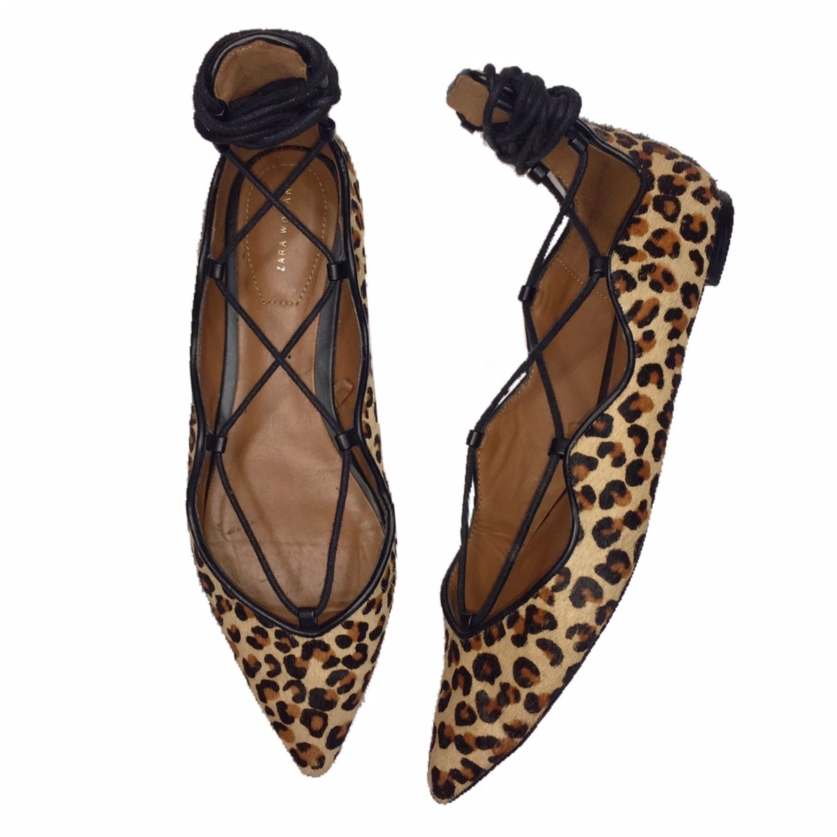 Zara Leopard Print Pointed Lace Up Ballerina Ballet Flats EUR 36 (size 6) | eBay