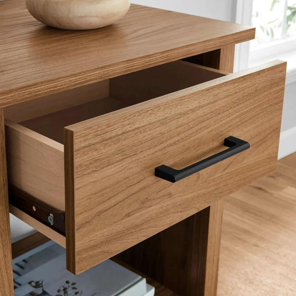 Mesita de noche Mainstays Hillside con cajón abierto almacenamiento dormitorio mesita de noche, nogal Foto 3 de 4