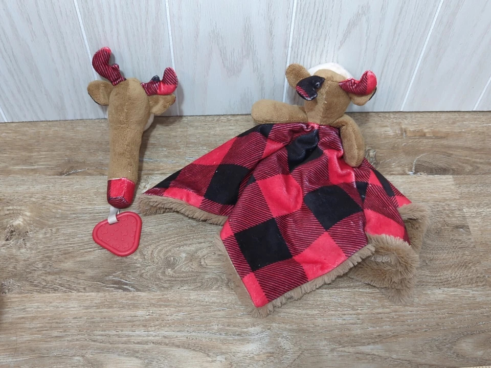 Trend Lab Moose Reindeer Brown Red Black Buffalo Plaid Baby Security Blanket set - Image 2 of 4