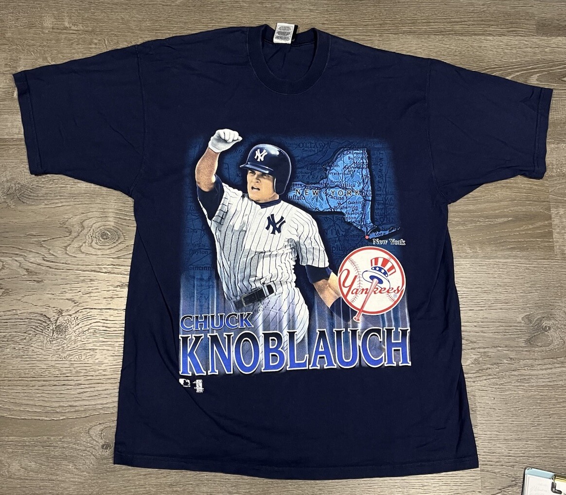 VTG Chuck Knoblauch Mens XL Blue NY Yankees Baseball Shirt