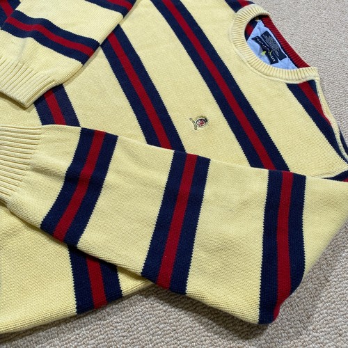 VINTAGE Tommy Hilfiger Jumper Mens Large Yellow Striped Crest 90s Chunky Knit - Picture 2 of 12