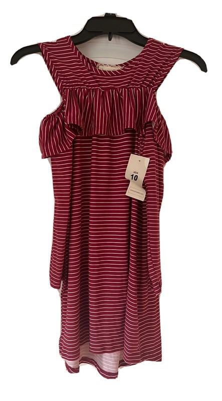 NWT Btween Girls Striped Cold Shoulder Dress, Burgundy, sz 10, High/Low Hem