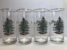 2003 Set of 8 Spode Christmas Tree Santa 15 Ounces Highballs with Gold Rims