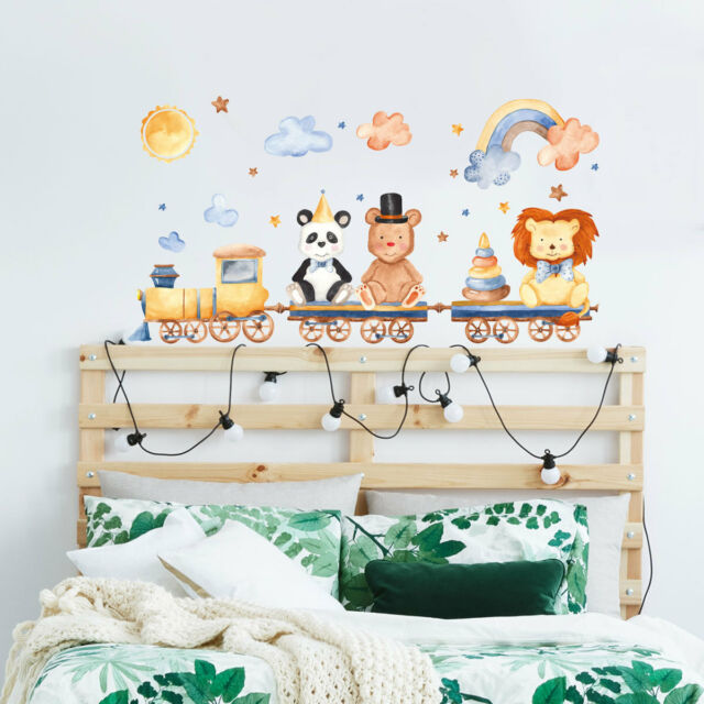 Cartoon Train Animal Lion Panda Clouds Wall Sticker Baby Nursery Room Decal