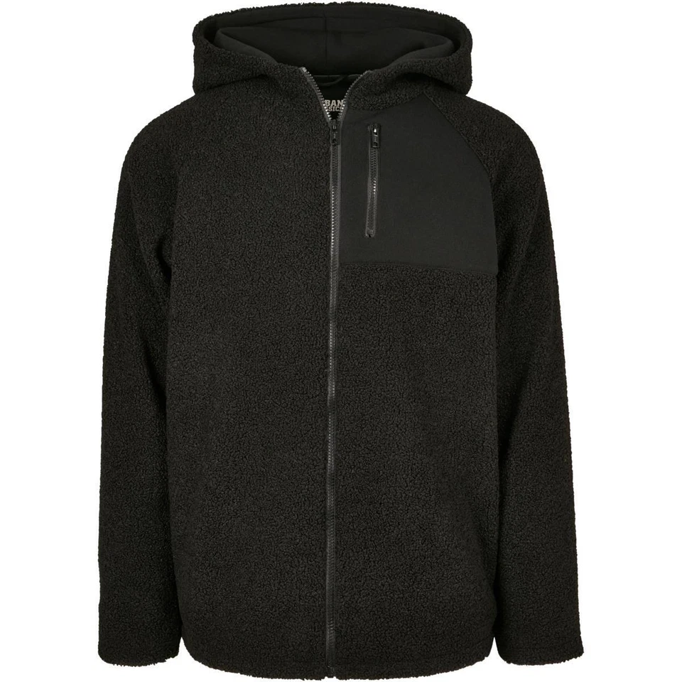 Urban Classics Hooded Sherpa Zip Jacket Fleece Sweatshirt Men's Beige Black - Image 3 of 4