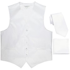 New Men's white formal vest Tuxedo Waistcoat necktie hankie set wedding prom