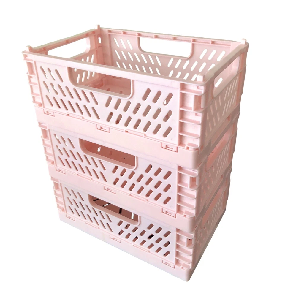 Foldable Stackable Desktop Organizer Storage Crate Boxes Collapsible 3 Pack Pink - Image 4 of 4