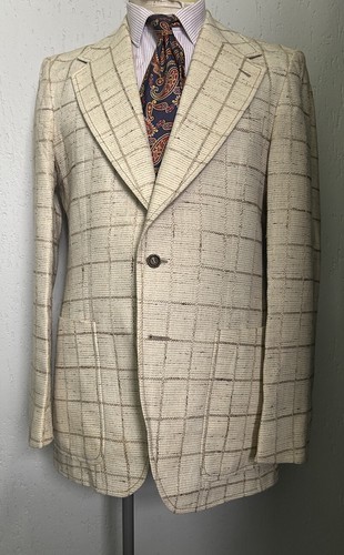 Men’s 1970s Beige Check Fleck Jacket Vintage European Disco Style Wool Blend 40