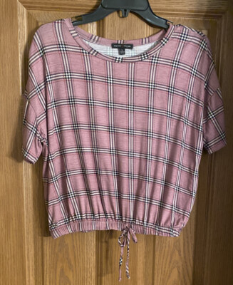 moa moa crop top shirt Pink Black White Draw String At Bottom Hem Size Large