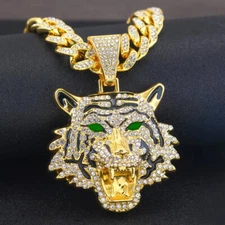 Large Tiger Hip Hop Pendant & 13mm 18" ~ 30" Iced Cuban Box Lock Chain Necklace