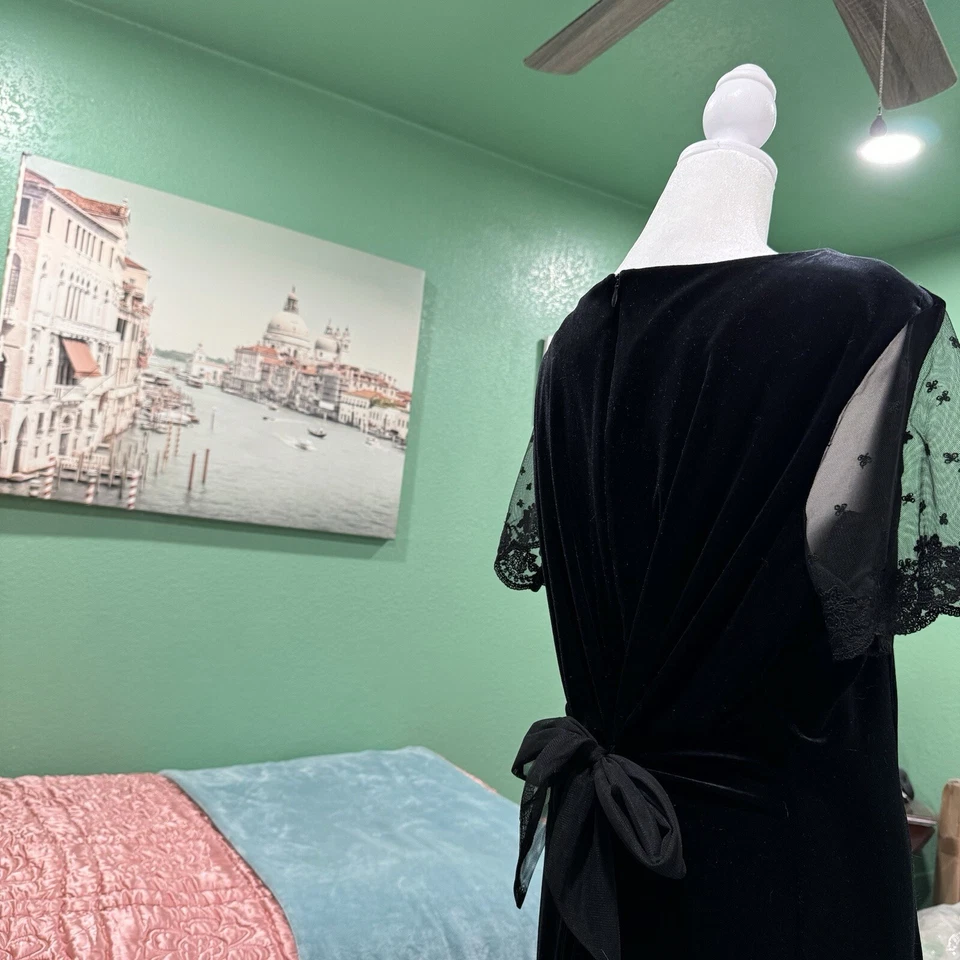 Vintage Evening Gown Black Velvet Lace Ballroom Dance Prom Party Formal Size 16 - Image 4 of 4