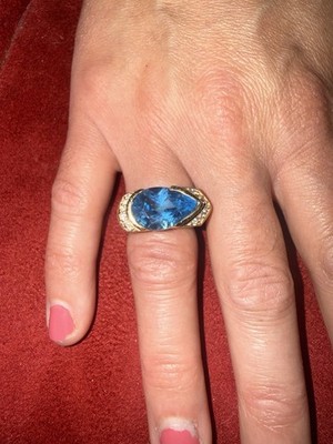 Vintage 14K Yellow Gold Swiss Blue Topaz & Diamond Statement / Cocktail Ring 11g