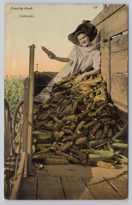 Vintage Nebraska Corn by Gosh Harvest Postcard Girl Wagon Horsch Lumber Advert