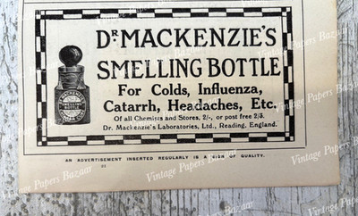 Dr. Mackenzie's Reading Smelling Bottle Colds 1925 antike Kleingedruckte Werbung