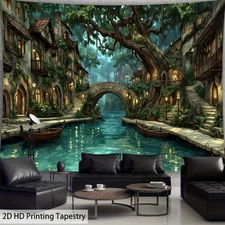 HOME/1pc Extra Large Dreamy Town Arch Bridge River Tapestry-HD Wall Hanging Deco