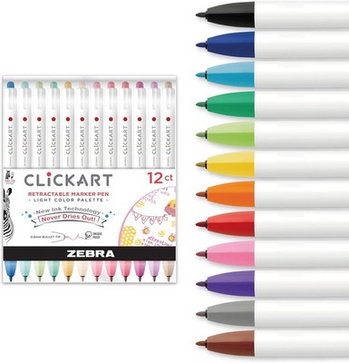 Zebra Clickart 12 Pack Felt Pens, 0.6mm Fine Assorted Light