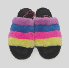 Size 8 - UGG Fluff Yeah Slippers Stripes Wool Sheepskin Rainbow Slides RARE