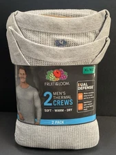 Fruit Of The Loom XL Gray 2 Pack Thermal Waffle Base Layer Crews Mens Shirts LS