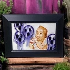 Original Painting Weird Haunted Baby Soap Ghosts Framed Altered Art Gothic Decor
