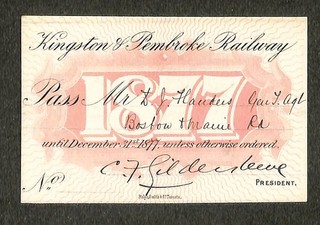 Kingston & Pembroke Railway Railroad Annual Pass 1877