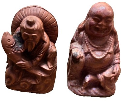 Two Hand Carved Chinese Buddha Status vintage hand made resin wood 2 in.  