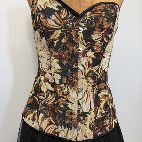 Floral Overbust Lace-Up Corset Brown Beige Black Women's Size M Opaque