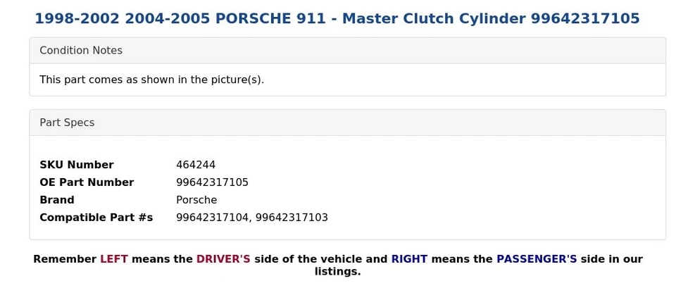1998-2002 2004-2005 PORSCHE 911 - Cilindro de embrague maestro 99642317105 Foto 4 de 4