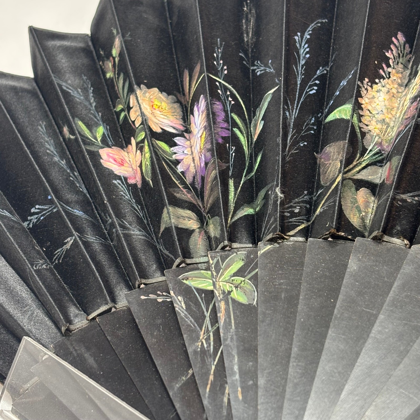 Victorian Mourning Fan Folding Black Satin Painted Flowers & Foliage Black Wood