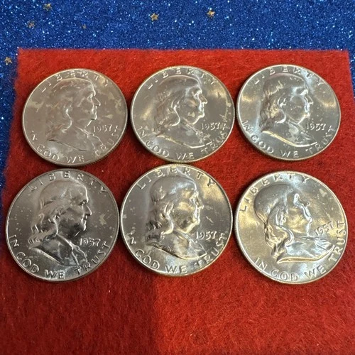 Uncirculated 1957 D Franklin Half Dollars (6 Coins) 🪙 90% Silver