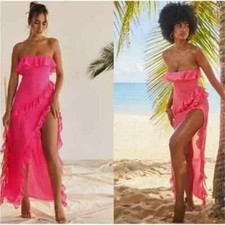 House of CB Sarina Ruffle Strapless Maxi Dress Hot Pink Small NWT