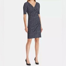 Lauren Ralph Lauren Navy Print Dress Surplice Matte Jersey Knit Sz 6P Office