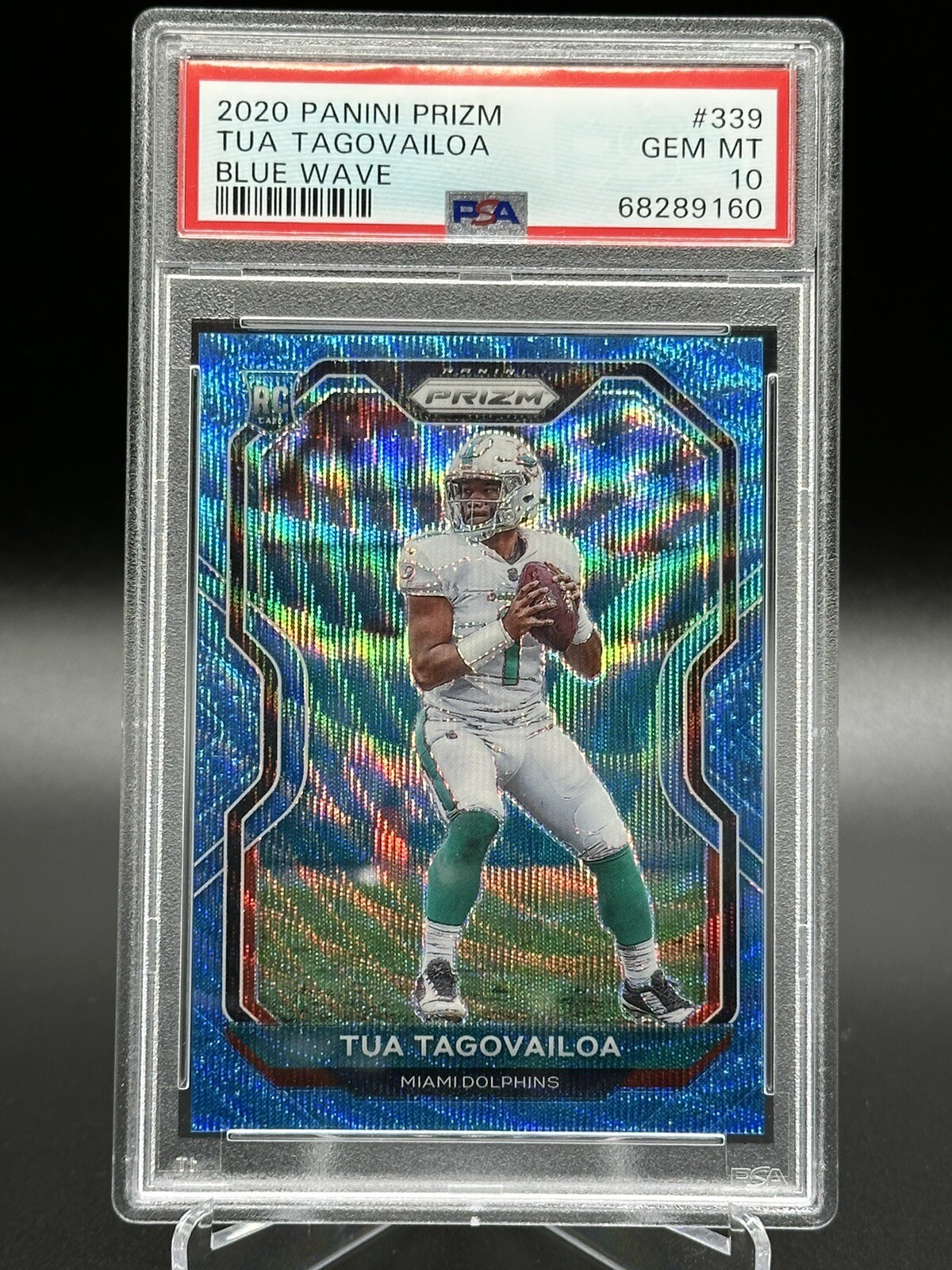 2020 Panini Prizm Tua Tagovailoa Blue Wave #339 PSA 10 Dolphins RC Rookie /199