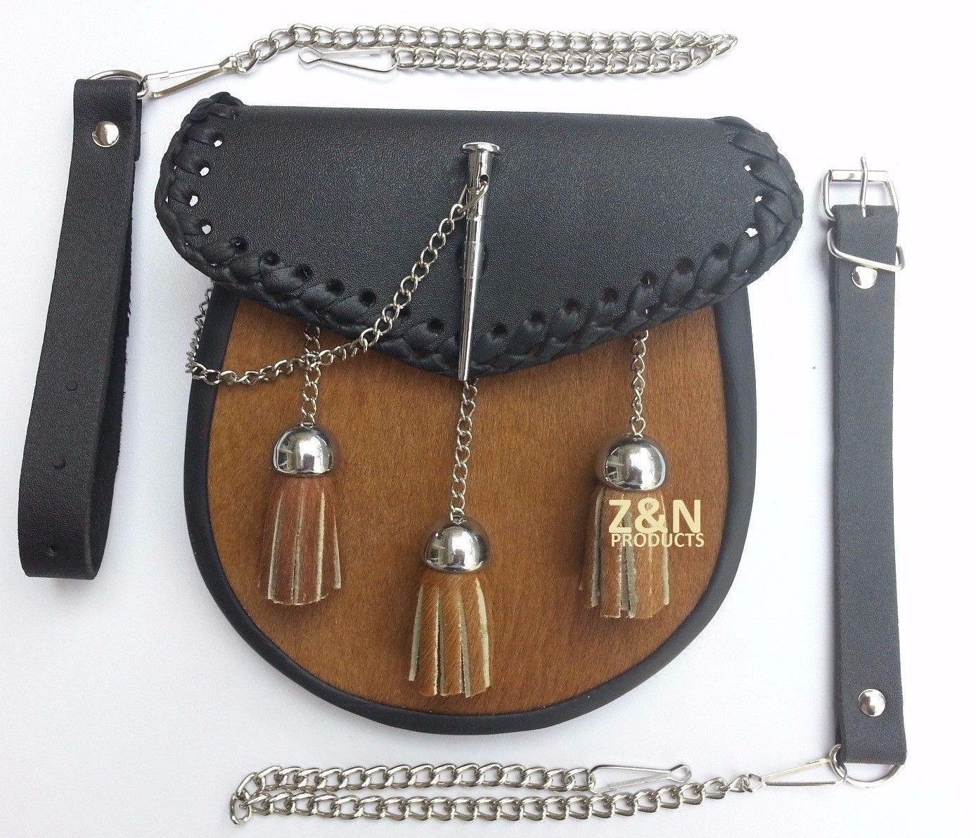 3 TASSELS,BROWN KILT SPORRAN + BELT SET