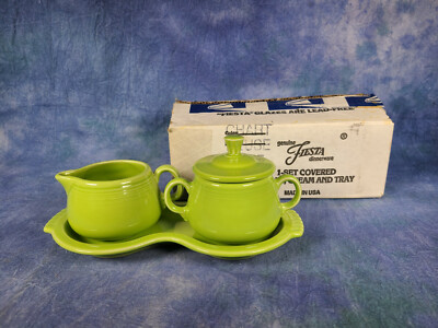 Vintage Fiestaware Chartreuse F-117 Covered Sugar, Cream Tray