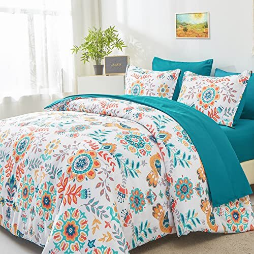 Boho Comforter Set - 7 Pieces Bed in a Bag Floral Medallions Design, Queen Blue
