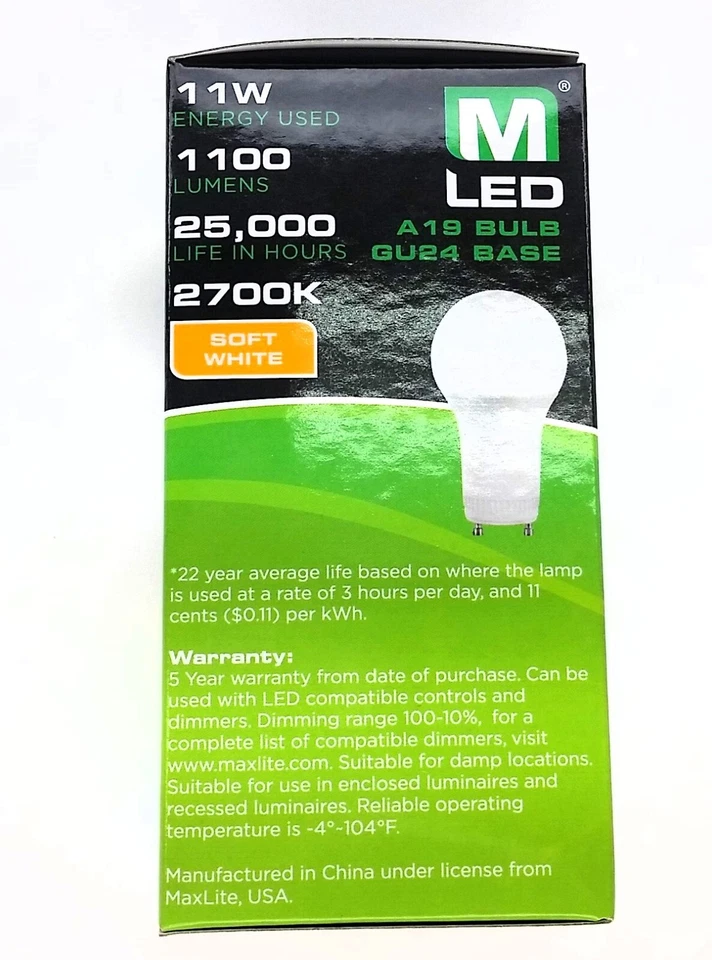 2x Maxlite 11W A19 Dimmable GU24 LED Lamp 2700K Twist Lock Light Bulb 75W Equal - Image 4 of 4
