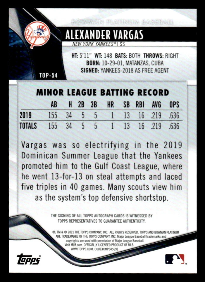 Alexander Vargas 2021 Bowman Platinum #TOP-54 Top Prospects Autographs - Image 2 of 2