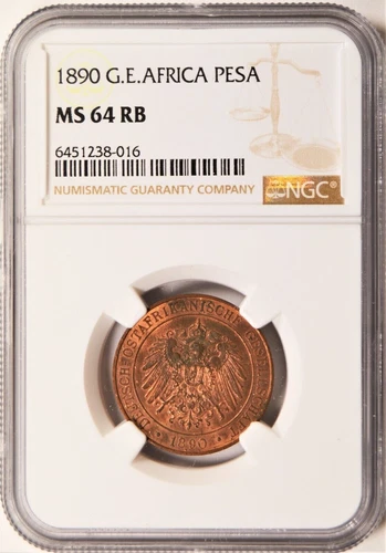 1890 German East Africa Pesa - NGC MS64 RB - Lots of Red Left! Scarce Coin!