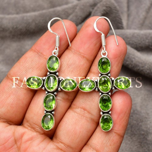 Peridot Earring Gemstone Handmade 925 Sterling Silver Jewelry Earring 1.98" - Picture 3 of 8