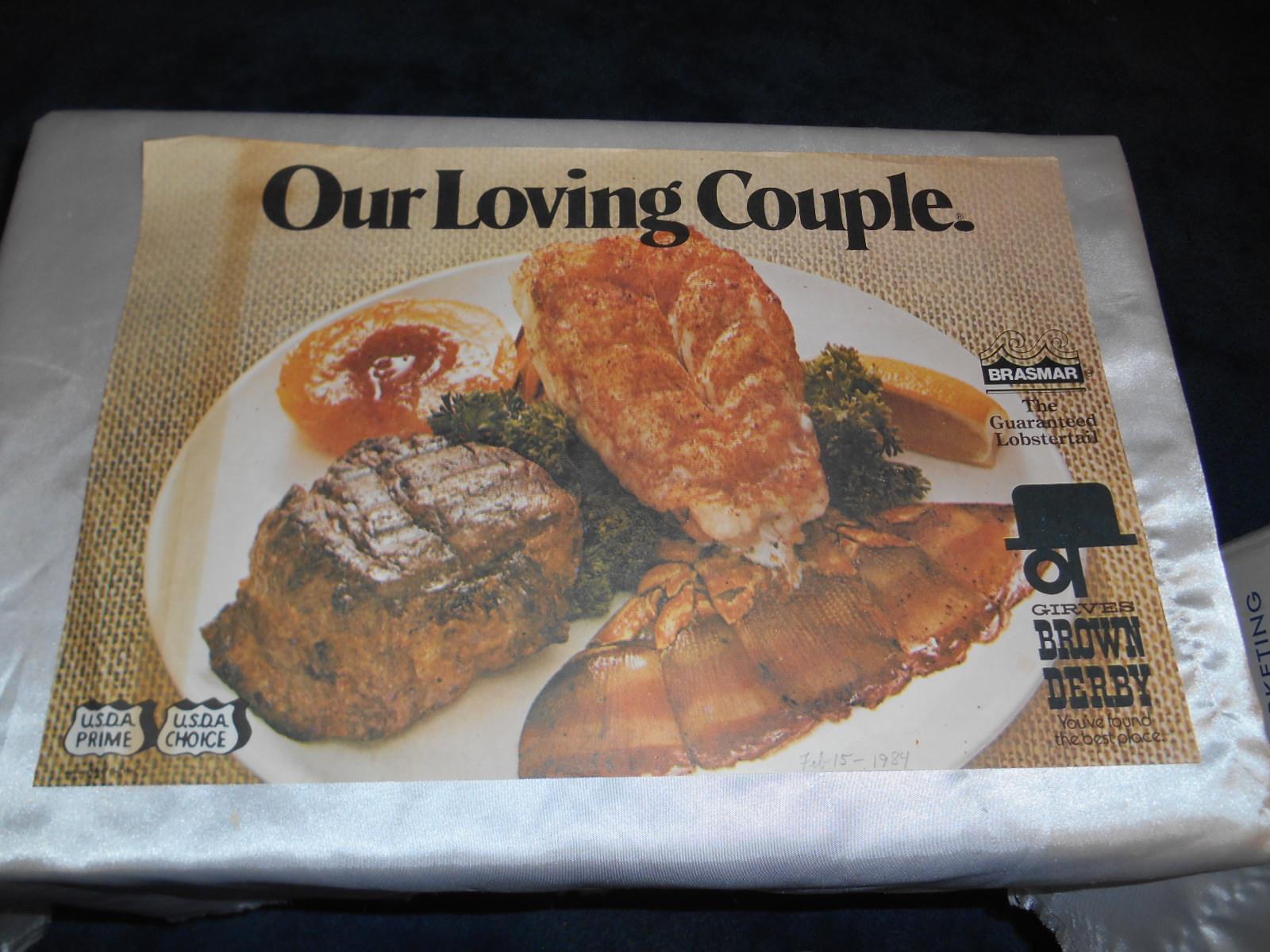 Old Vtg 1980's GIRVES BROWN DERBY Paper Placemat Advertising "Our Loving Couple" eBay