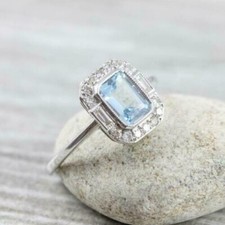 1.80 Ct Emerald Natural Aquamarine Diamond Engagement Ring 14k White Gold SZ 8