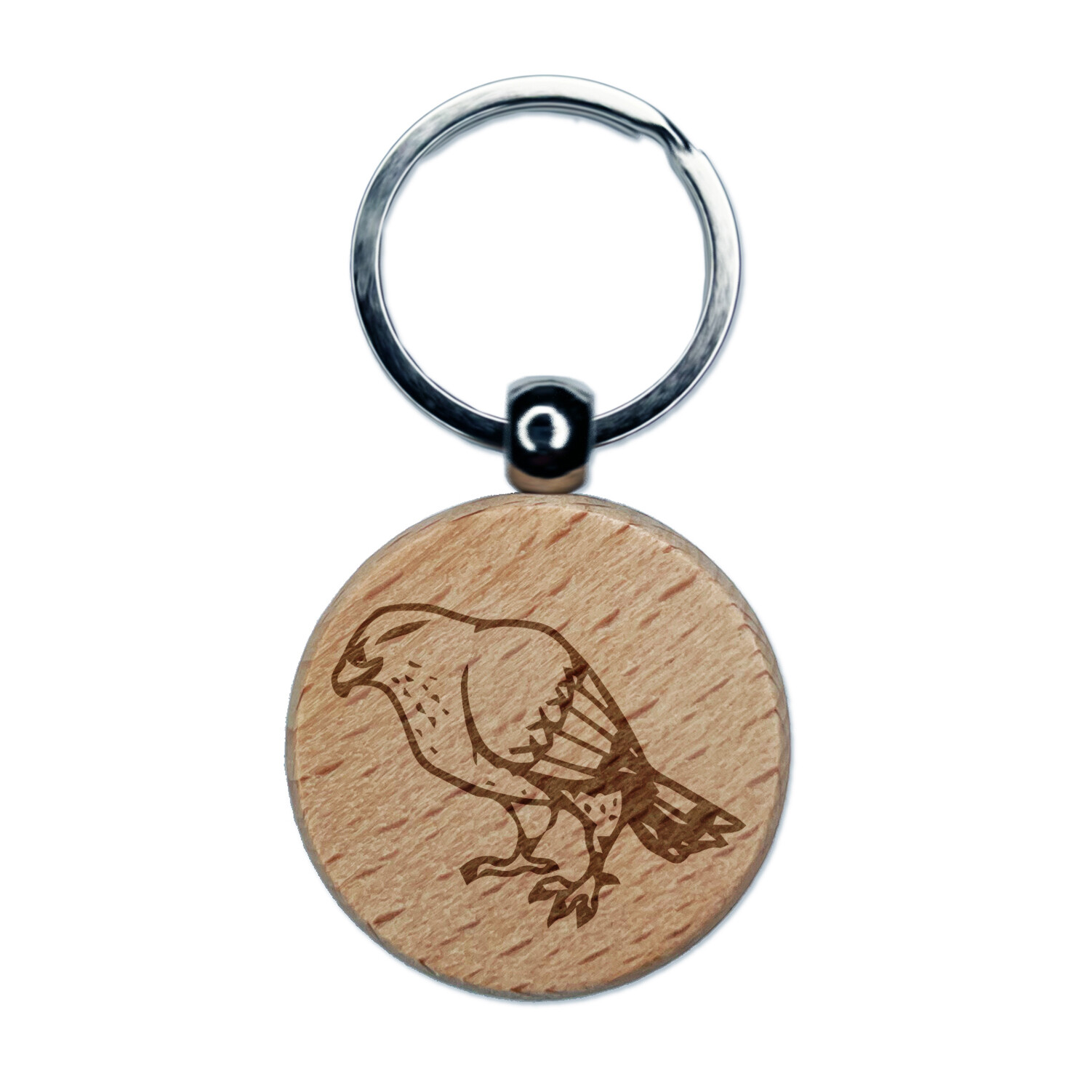 Standing Hawk Falcon Bird of Prey Engraved Wood Round Keychain Tag Charm