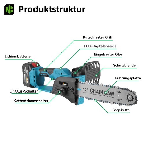12 Zoll Akku Kettensäge Elektro Motorsäge Baumsäge Mit Koffer Für 18V Makita - Bild 2 von 23
