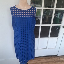 Lauren Ralph Lauren Women's 14P Petite Geometric Large Lace Dress Blue Slim Fit