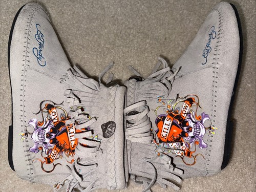 ED Hardy Woman's Gray Suede Skull Love Kills Moccasin Boot Size 9 Fringe - Picture 6 of 7