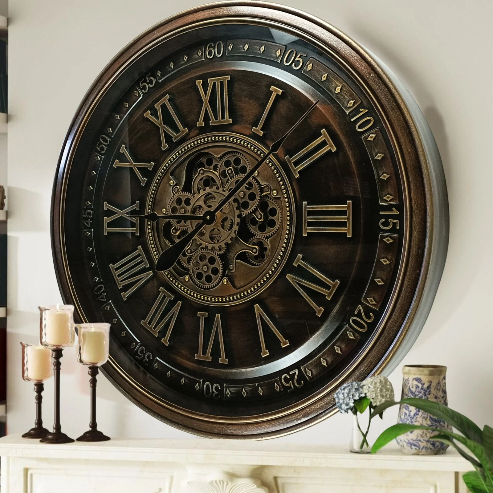 The Gears Clock IRELAND LINE WALL CLOCK ROUND 32 INCH "DUBLIN" BRONZE ANTIQUE