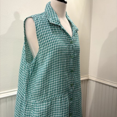 FLAX Design Size L Dress Maxi Jade Green Gingham 100% Linen Woven Sleeveless - Picture 13 of 13
